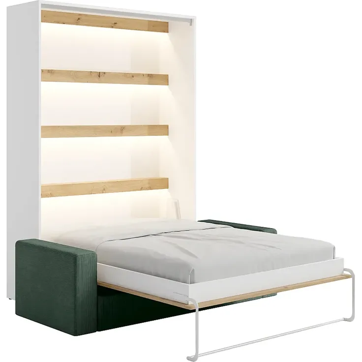Vente-unique - Schrankbett 140 x 200 cm - Manuelle vertikale Öffnung - Mit LEDs - Weiß und Naturfarben + Matratze + Grünes Sofa - RAPILI – Bild 7