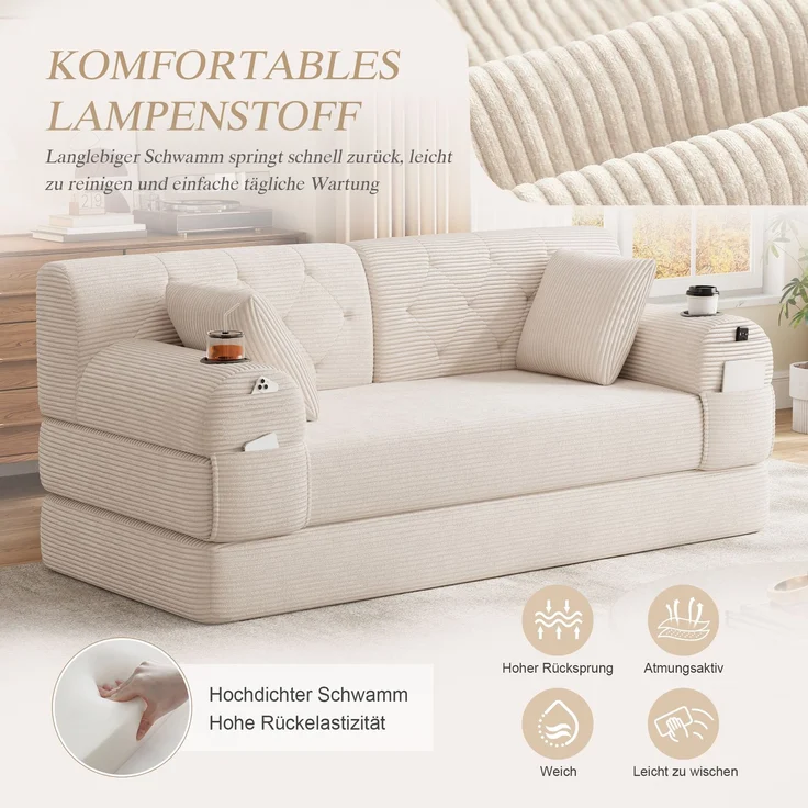 TavilaEcon 2-Sitzer Schlafsofa, komprimiertes Cord Sofa mit hoher Rückenlehne beige 81 × 80 × 168 cm (H × T × B) – Bild 7