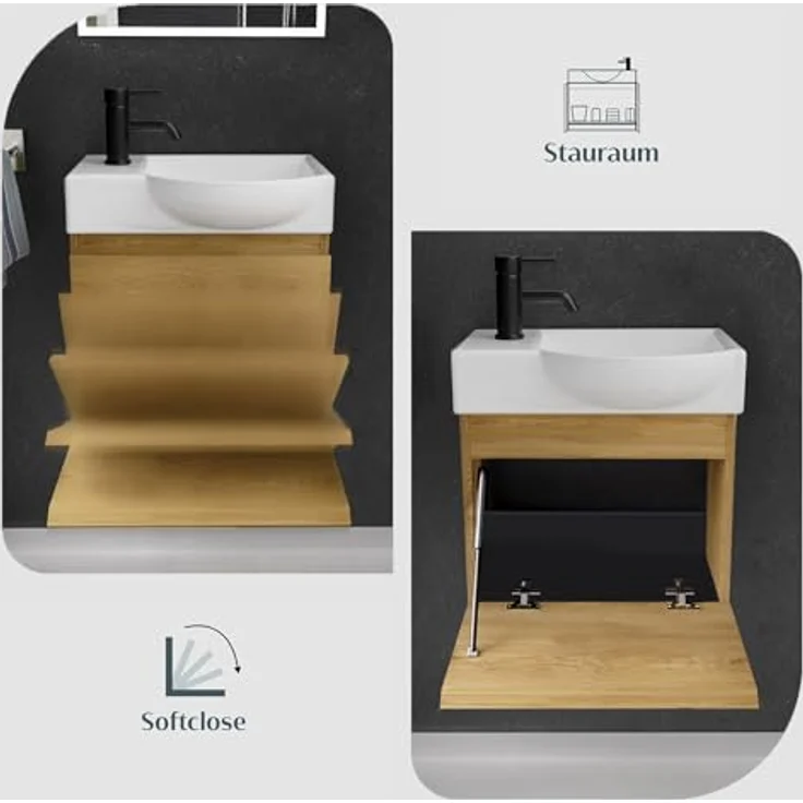 Alpenberger Badmöbel-Set - Gäste WC Waschbecken mit Unterschrank 45 cm Breit, (Badschrank 2-tlg, Waschtisch hängend), Waschbeckenunterschrank mit Softclose - Eiche Natur - Rechts Becken – Bild 5