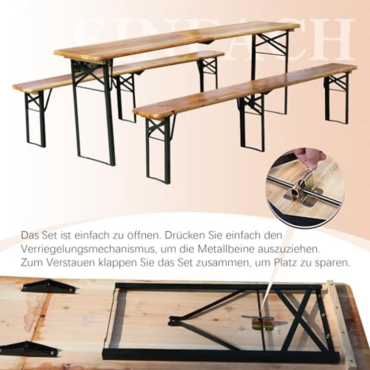 Ball & Cast Bierzeltgarnitur 3-teilig, Biertisch Klapptisch mit 2 Sitzbänken, Camping Tisch faltbar, Wetterfester Kiefer Massiv, Natur, 220 cm – Bild 2