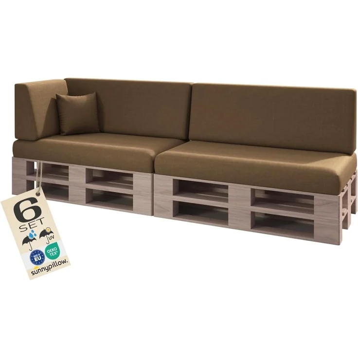 sunnypillow Palettenkissen mit abnehmbarem Bezug UV - beständig Outdoor wasserdicht Kaltschaum Palettenauflage Palettenpolster Palettensofa Sitzkissen Rückenlehne 6er Set 120x80 Braun – Bild 1