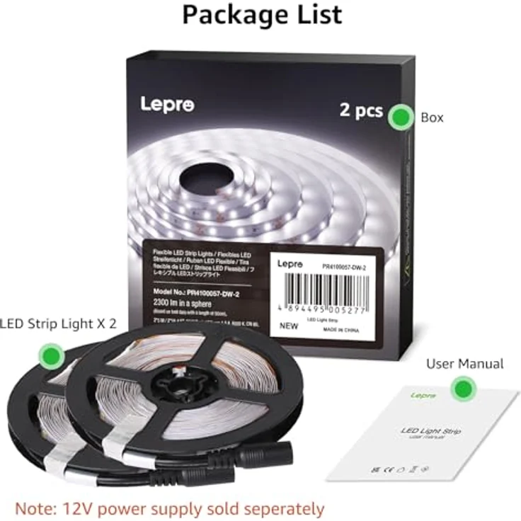 Lepro LED Strip Kaltweiß, 10M (2x5M) Selbstklebender LED Streifen mit 300x2835 LEDs, 2300 Lumen, 6000K Dimmbar für Innen Heim Deko, ohne Netzteil – Bild 3