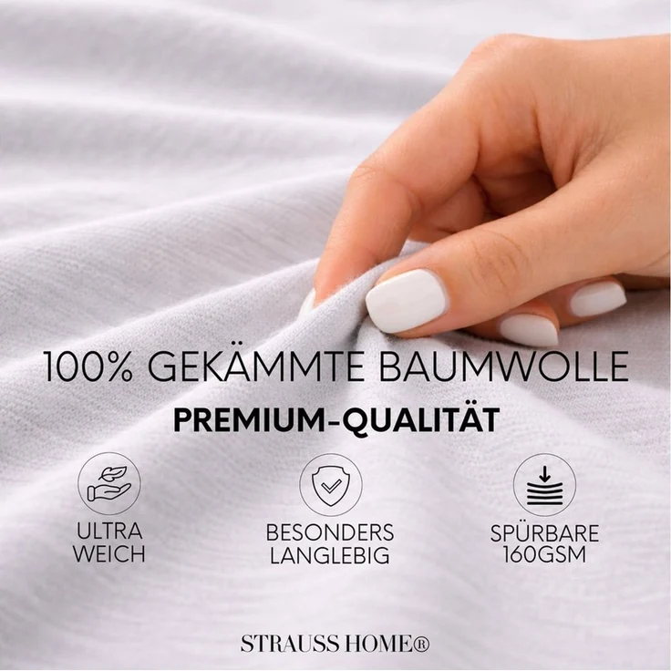 Strauss Home Spannbettlaken Premium, Gummizug: Rundumgummi, 150gr/m2 Premium Jersey 100% Baumwolle – Bild 2