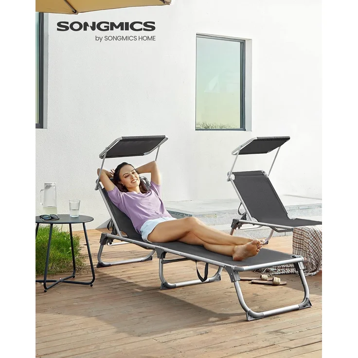 SONGMICS Sonnenliege, klappbarer Liegestuhl, 193 x 55 x 31 cm, max. Belastbarkeit 150 kg, mit Sonnenschutz, Rauchgrau – Bild 2
