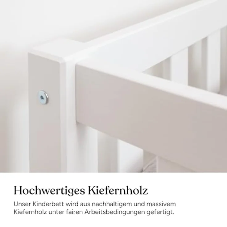 Ehrenkind Kinderbett mit Rausfallschutz aus massivem Kieferholz, Kinderbett 90x200 cm (zeitlos, hochwertig und auch für ältere Kinder geeignet, aus FSC zertifiziertem Holz), Jugendbett, Kinderbett mit Rausfallschutz – Bild 6