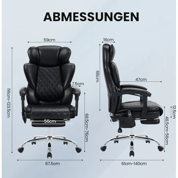 COLAMY Bürostuhl Ergonomisch mit Massagefunktion, Ergonomischer Schreibtischstuhl mit Heizfunktion, Chefsessel mit Fußstütze, 360° Drehstuhl, 94-125° Verstellbarer Rückenlehne, für Office, Schwarz – Bild 4