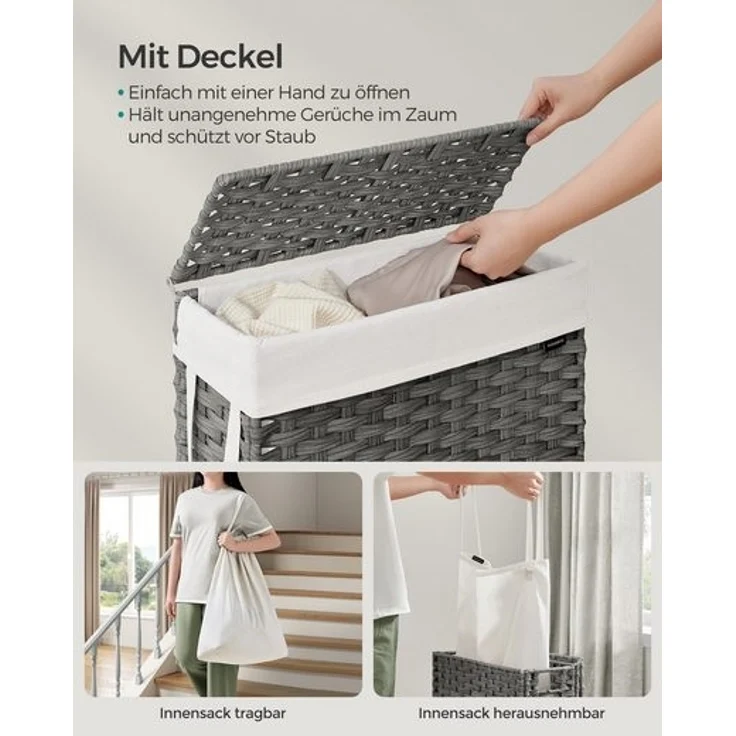 Songmics Wäschekorb mit Deckel und Griffen, faltbar, herausnehmbarer Innensack, Polyrattan taubengrau, 55 Liter – Bild 3