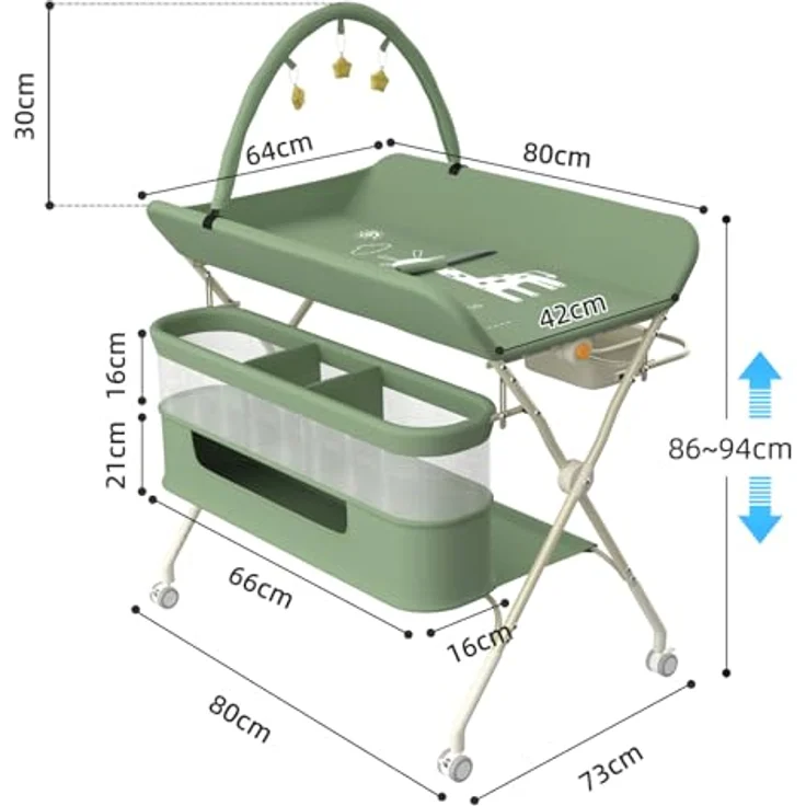 Wickeltisch, zusammenklappbar, mit Aufbewahrungskorb, Struktur aus Eisen, max. Belastung 25 kg, für Neugeborene, ergonomisches Design, Wickeltisch, 75 x 68 x 83–91 cm (B) Grün – Bild 9