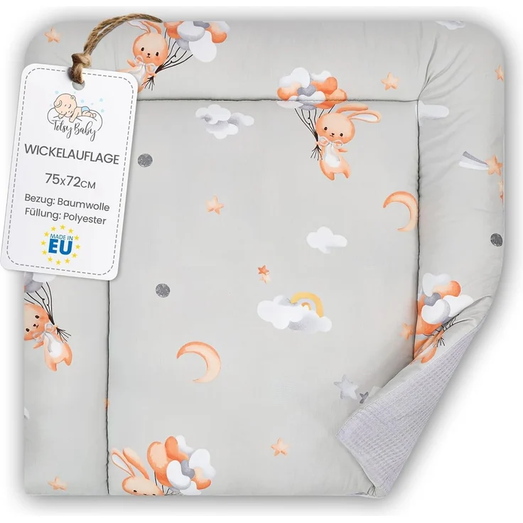 Wickelauflage Wickelunterlage aus Baumwolle 75x72 cm - Weich und waschbar Wickelunterlage für Babys Wickelmatte aus Stoff für Wickeltisch Wickelkommode oder Waschmaschine 75x72 Kaninchen – Bild 1