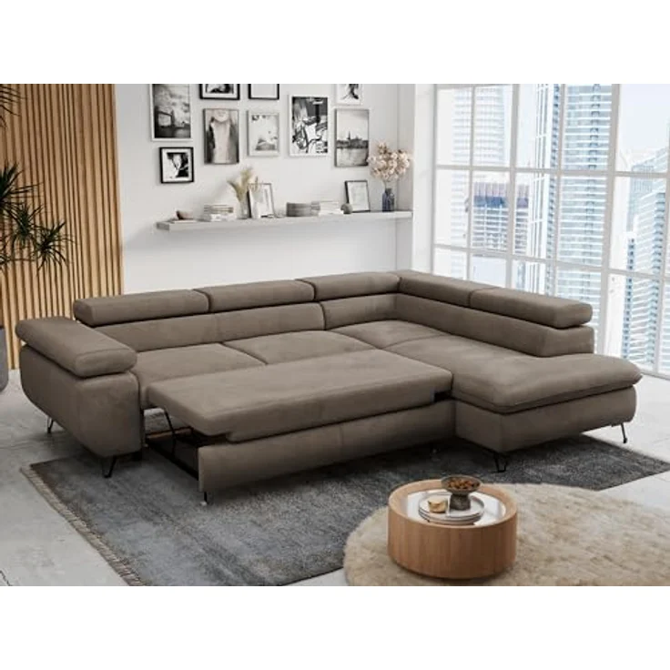 Mks Möbel 'Peter L-form' Ecksofa mit Bettfunktion, Bettkasten & einstellbaren Kopfstützen, Braun, Velours, rechts – Bild 6