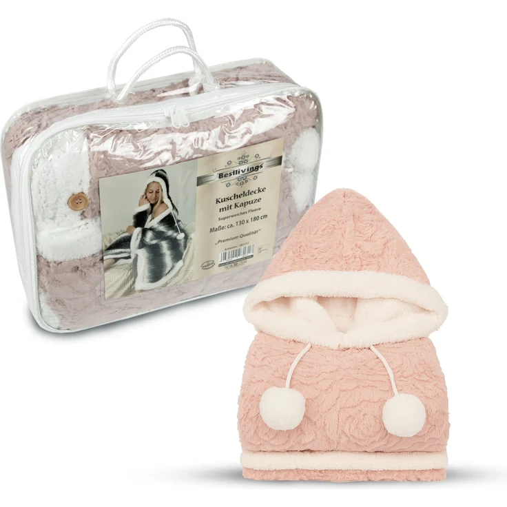 Bestlivings Kuscheldecke mit Kapuze 130 x 180 cm in Rose für Kinder und Erwachsene, TV-Decke, Sherpa Decke in Felloptik – Bild 2