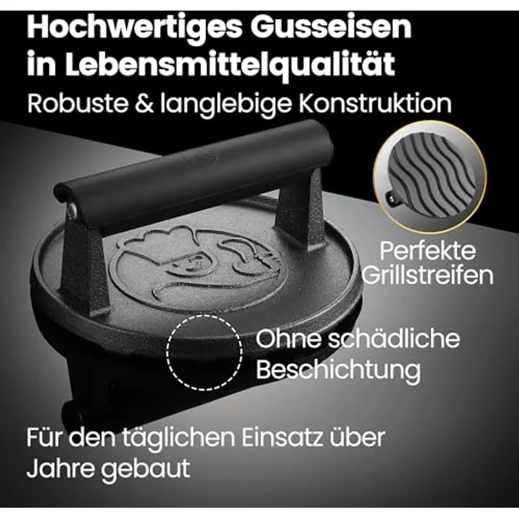 Gourmet Easy Burgerpresse Gusseisen antihaft | Großer Burger Smasher (Ø15cm) mit hitzeabweisendem Griff | Fleischbeschwerer für schmackhafte Hamburger & Smash Burger | Smash burgerpresse | Smasher – Bild 4