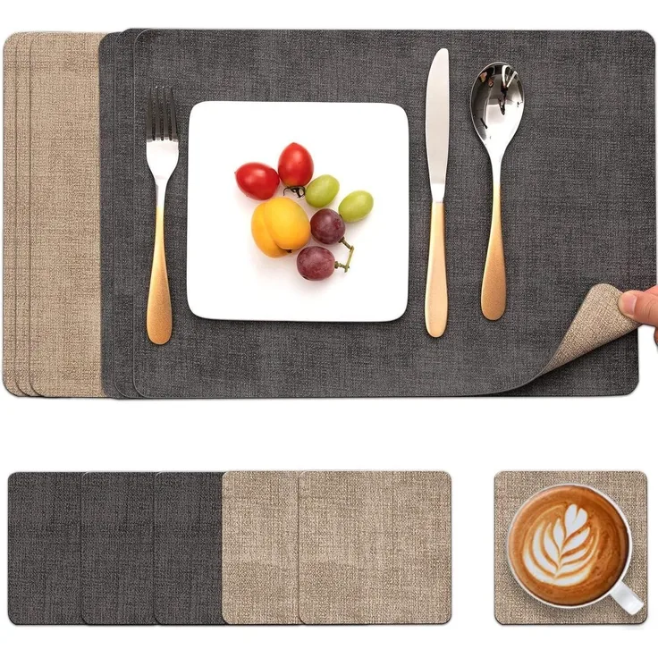Myir JUN Tischsets Leder Platzdeckchen 6er Set abwaschbar Kunstleder Grau Beige
