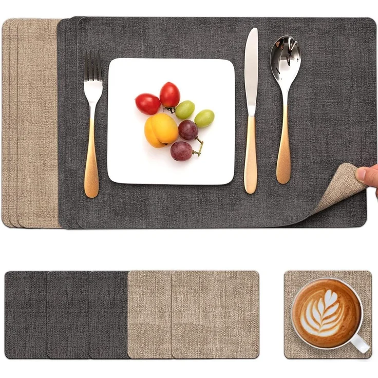Myir JUN Tischsets Leder Platzdeckchen 6er Set abwaschbar Kunstleder Grau Beige – Bild 1