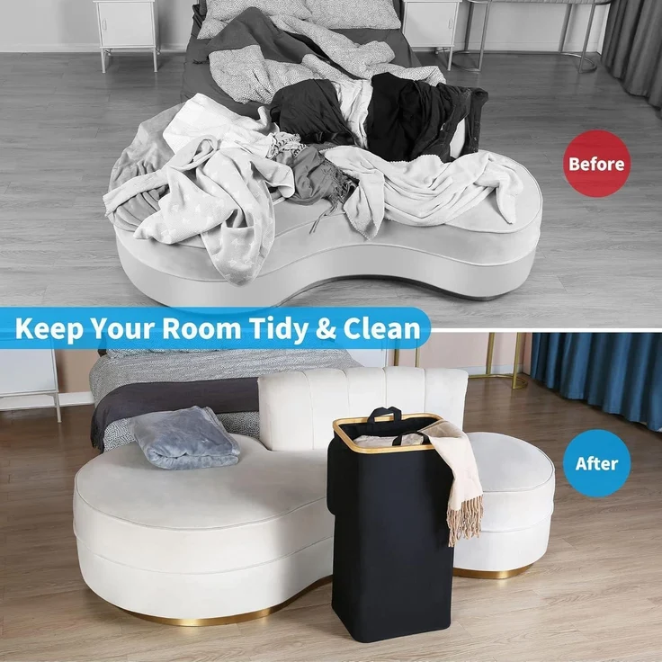 efluky Wäschekorb 100L Bambus Deckel faltbar XXL black Laundry Basket – Bild 2