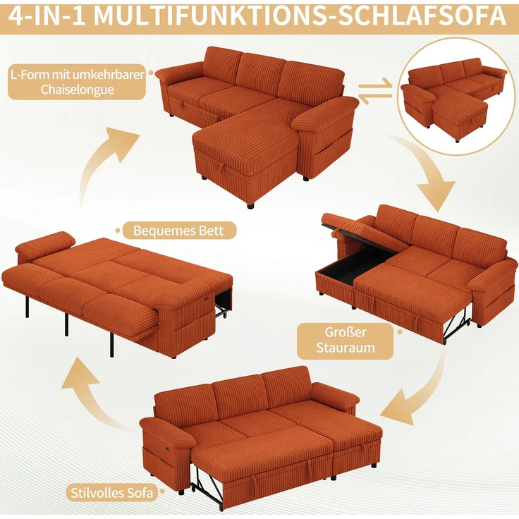 3-Sitzer L-förmiges Ecksofa 212 x 150 x 89 cm mit Schlaffunktion und Stauraum – Bild 7