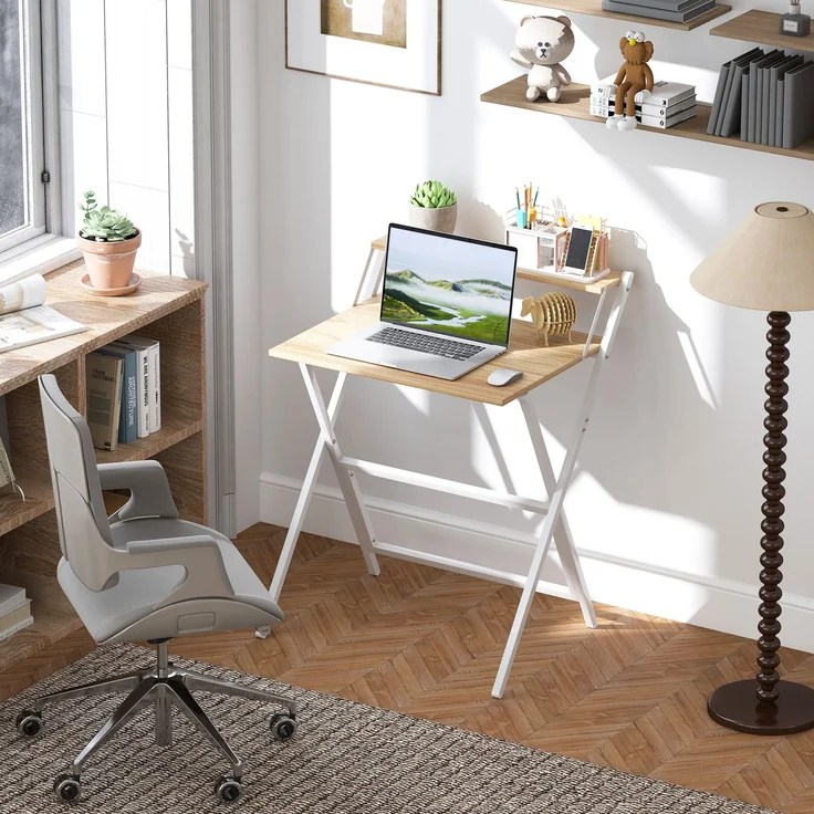 MELAYR, Schreibtisch mit Monitorständer, 70 cm Klappbarer Computertisch für Homeoffice, Kleine Räume, Natur, Naturholz – Bild 3