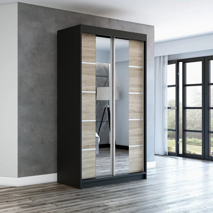 Schwebetürenschrank ERA 2-türig Schrank 120 cm (mit Spiegel) Farbe: Schwarz , sonoma – Bild 2