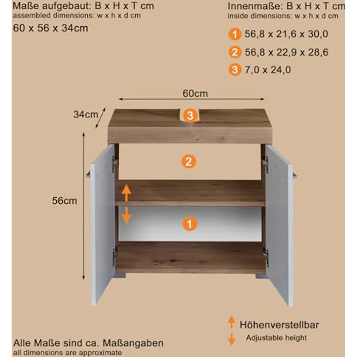 Trendteam 'Amanda' Waschbeckenunterschrank, Hochglanz, 56 x 34 x 60 cm, Weiß / Eiche – Bild 4