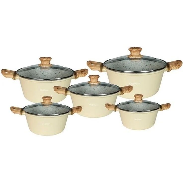 Kochtopf-Set 10-tlg. mit Glasdeckeln – Induktion geeignet, Antihaft-Marmorbeschichtung Beige – Bild 2