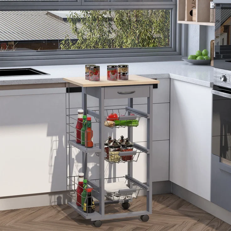 MELAYR, Hilfswagen mit Rollen, Küchenwagen mit 3 Metallkörben, Schublade, 2 Gewürzregalen, 47 x 37 x 83 cm, Grau – Bild 3