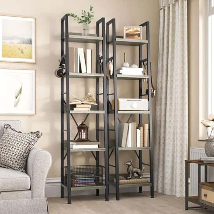 YITAHOME Schmal Bücherregal mit 5 Ebenen 35 cm Breit, Industrielles Leiterregal Standregal Holzregale und Metallrahmen, Modernes Regal für Wohnzimmer, Graues – Bild 2