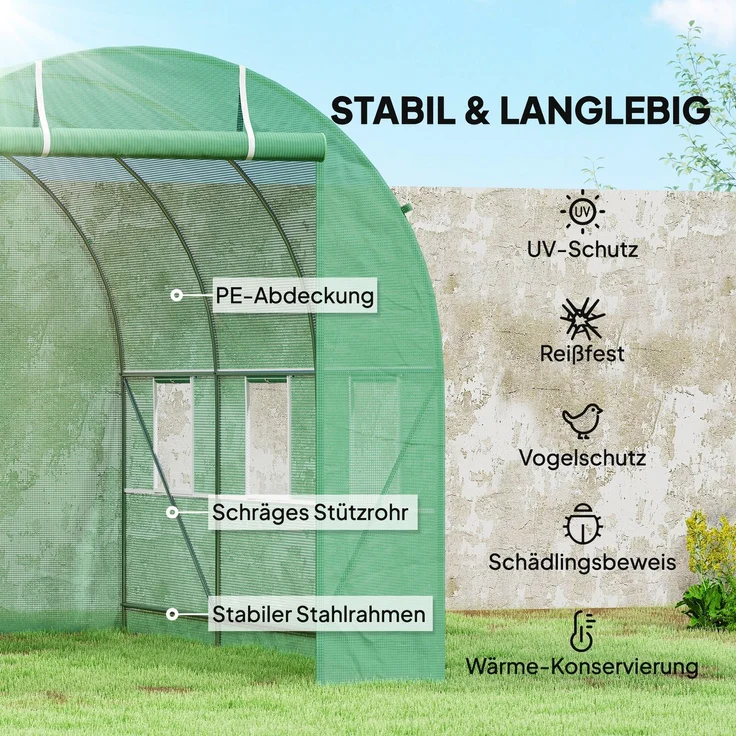 MELAYR, Gewächshaus 350x200x200cm Foliengewächshaus Tomatenhaus mit Tür, 6 Fenster, Grün – Bild 6