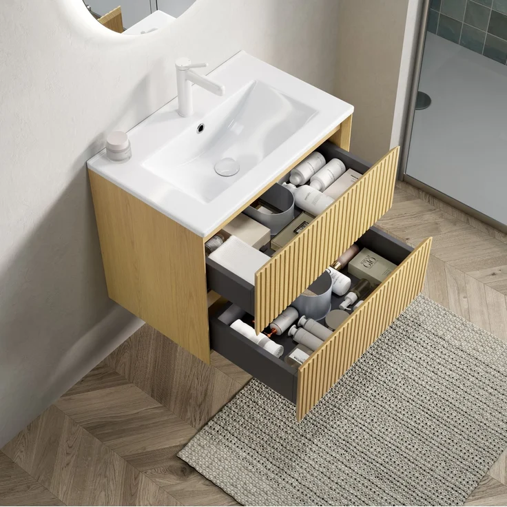 Waschtisch mit Keramikwaschbecken, 2 Soft-Close-Schubladen, 61x39x51,5, Golden Eiche/Weiß – Bild 5