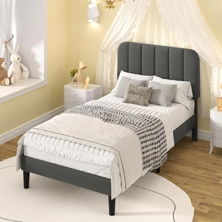 VECELO Polsterbett 90x200 cm mit Lattenrost Rückenlehne, Hautfreundlicher Samtstoff, Bett Einzelbett Jugendbett(Ohne Matratze), Legierter Stahl, Grau – Bild 8