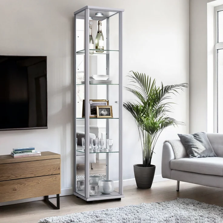 K-Mbel Standvitrine (176x37x33cm) - Made in Germany - Vitrinenschrank Silber / Alu mit 4 hhenverstellbaren Glasbden, Spiegel & LED - Glasvitrine Stehend - Vitrine Glas - Display Cabinet – Bild 1