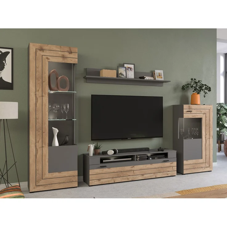 Xonox 'Freno' Wohnwandkombination, 4-teilig, Holzwerkstoff grau / nox eiche, 290 x 40 x 194 cm – Bild 8