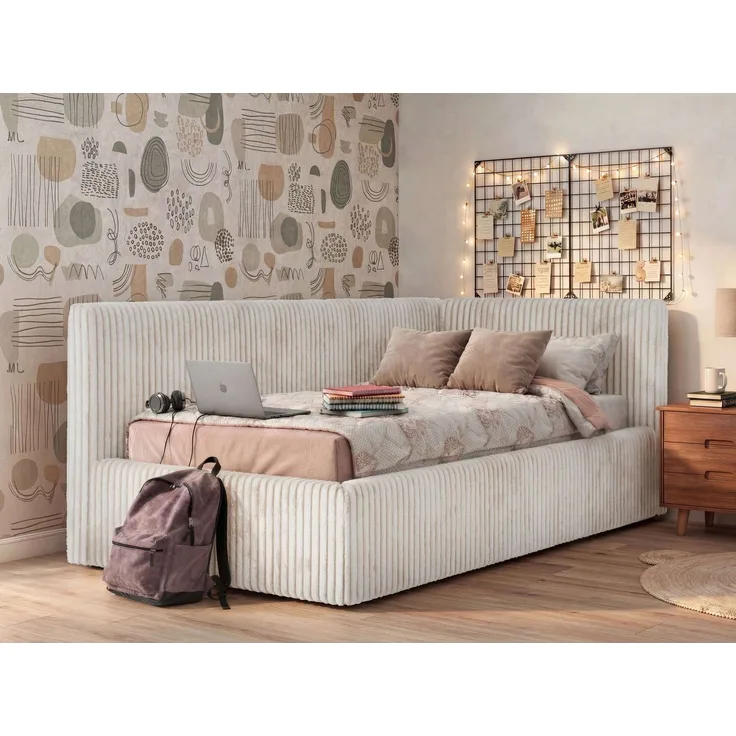 Jugendbett 90x200 cm TILVO mit Bettkasten, Polsterbett, Jugendzimmer, Lattenrost und gepolstertem Kopfteil, Multipocket Matratze - Beige Cord - Rechts - ELORI LUX