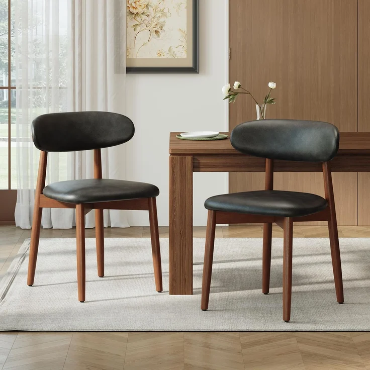 MALOL Stühle Esszimmer 2er Set, Gepolsterte Küchenstühle mit Hochdichtem Schaumstoff, PU-Lederbezug, Ergonomische Rückenlehne, Gummiholzgestell Nussbaum-Optik, für Küche Wohnzimmer Café, Schwarz