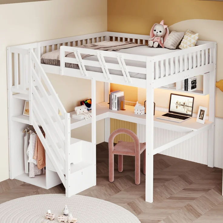 Rayofly-Massivholz Kinder Hochbett 140x200 cm, Stauraumtreppe, Schreibtisch, USB-Steckdose, LED-Licht, Jugend- und Einzelbett, H 140cm x T 200cm x B 140cm, Weiß – Bild 5