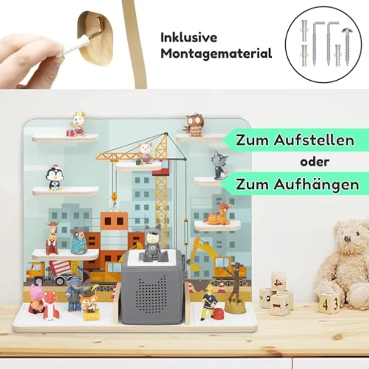 stadtecken egal für Tonies & Toniebox – Musikbox Wandregal aus 10mm Holz – Platz für 35-50 Figuren mit Magnetfunktion – Handgefertigt – Zum Aufstellen oder Aufhängen (Baustelle, Groß) – Bild 8
