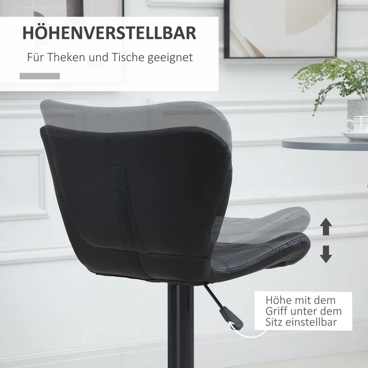 Barstuhl 2er-Set Retrodesign Höhenverstellbar 360° drehbar schwarzes Leder für Homeoffice stabil 47 x 51,5 x 89-109 cm--Schwarz--47x51.5x109cm--YOUDENOVA – Bild 4