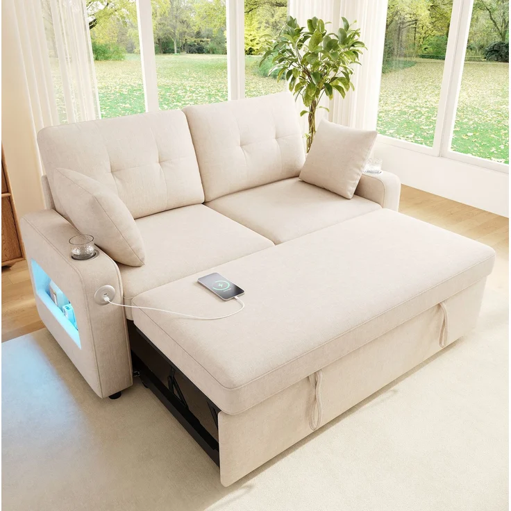 Schlafsofa 141,5x131x83,5 cm in Beige mit Schlaffunktion, LED und USB-Anschluss – Bild 4