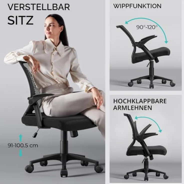 Yaheetech Bürostuhl Ergonomisch, Schreibtischstuhl mit Netzbespannung, Arbeitsstuhl mit Armlehnen, Chefsessel aus Mesh, höhenverstellbarer Computerstuhl 136 kg, atmungsaktiv, Wippfunktion Schwarz – Bild 7