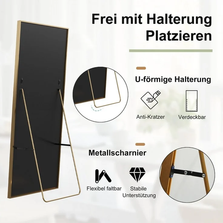 FUROKOY Ganzkörperspiegel Standspiegel Wandspiegel,stehend oder wandmontiert mit Metallrahmen, verstärktem Glas,Rechteck,Gold,164 x 54 cm – Bild 1
