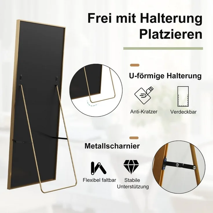 FUROKOY Ganzkörperspiegel Standspiegel Wandspiegel,stehend oder wandmontiert mit Metallrahmen, verstärktem Glas,Rechteck,Gold,164 x 54 cm