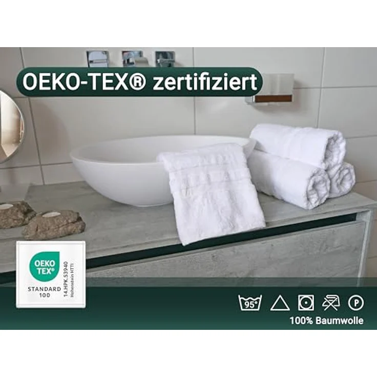 ZOLLNER 10er Set Handtücher, 50x100 cm, flauschige und saugstarke Baumwolltücher in Weiß, mit Aufhänger, waschbar bis 95°C, Hotelqualität, STANDARD 100 by OEKO-TEX zertifiziert – Bild 5
