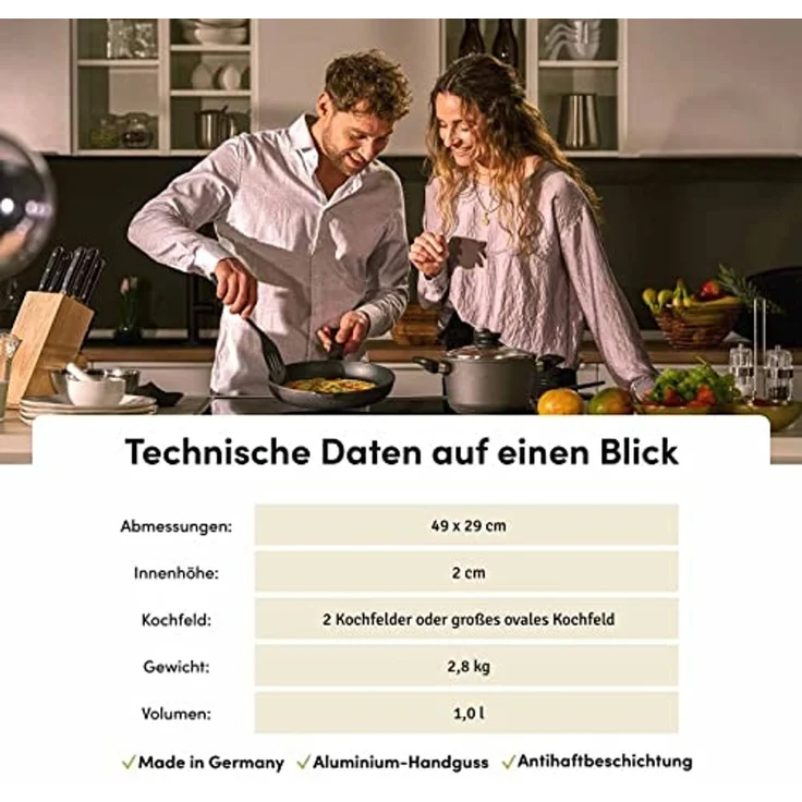 Hoffmann Germany Teppanyakiplatte Grillplatte 2in1 Aluguss eckig 49x29 cm – Made in Germany, Aluguss (1-tlg, 1x Grillplatte 49x29 cm + Silikon-Füße), Grillstreifen + Bratfläche, Antihaft, backofenfest, Induktion – Bild 2