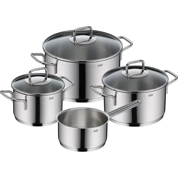 Silit Topf-Set Extra Cook Induktion, Kochgeschirr-Set mit Glasdeckel, Innenskalierung, Edelstahl 18/10 (Set, 7-tlg, 3x Kochtöpfe 16/20/24 cm mit Deckel, 1x Stielkasserolle 16 cm), SiliTherm Universalboden, breiter Schüttrand, spülmaschinengeeignet