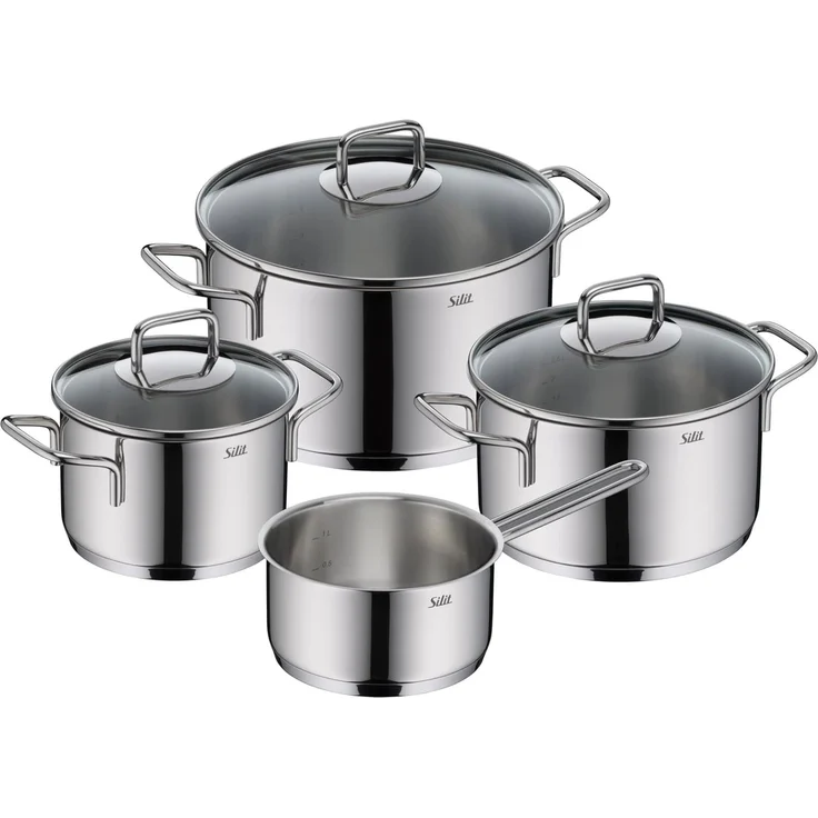 Silit Topf-Set Extra Cook Induktion, Kochgeschirr-Set mit Glasdeckel, Innenskalierung, Edelstahl 18/10 (Set, 7-tlg, 3x Kochtöpfe 16/20/24 cm mit Deckel, 1x Stielkasserolle 16 cm), SiliTherm Universalboden, breiter Schüttrand, spülmaschinengeeignet – Bild 1