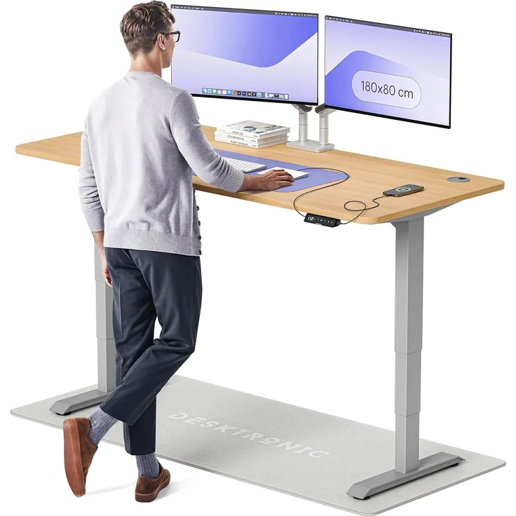 Höhenverstellbarer Schreibtisch - Höhenverstellbar Elektrisch mit Flüsterleisem Dual-Motor & Touchscreen - Hohe Tragfähigkeit - Stehtisch von Desktronic, Grau + Eiche, 180x80 cm – Bild 1