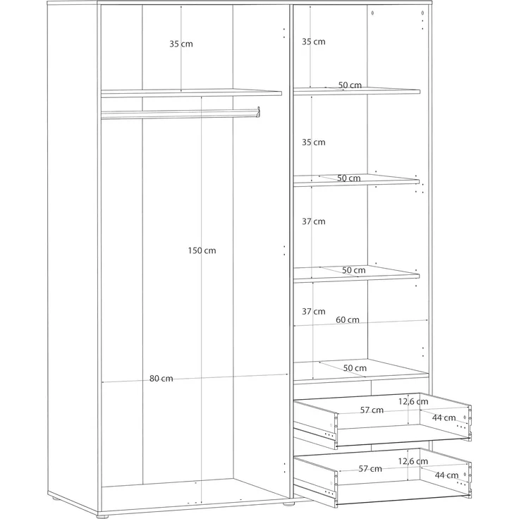 Forte MONISSA Kleiderschrank 140 150, moderner Drehtürenschrank, 3-türig, 2 Schubladen, Holzwerkstoff, Artisan Eiche Holzdekor|Schwarz, 144,4 cm breit x 200,1 cm hoch x 59 cm tief – Bild 7
