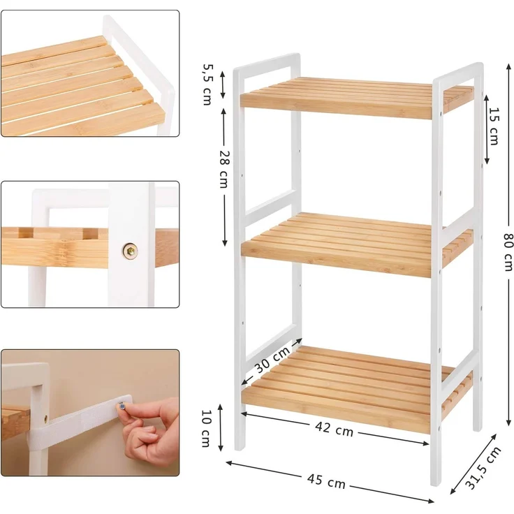 3-stöckiges Bambusregal für Badezimmer, Küche, Schlafzimmer, 45 x 31,5 x 80 cm, natürliche Maserung und weiß BCB73Y – Bild 3