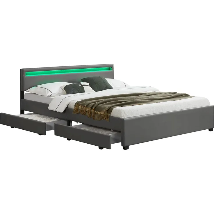 Juskys 'Lyon' Polsterbett mit Schubladen und LED-Beleuchtung, Kunstleder, Grau, 180x200 cm, false