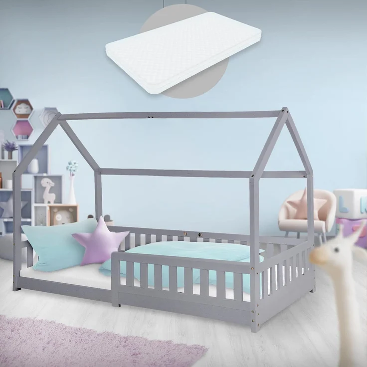 ML-DESIGN Kinderbett Hausbett Spielbett inkl. Lattenrost kreativ Bodenbett für Kinder, Abenteuerbett mit Rausfallschutz Spielbett Kiefer Hellgrau Himmelbett – Bild 1