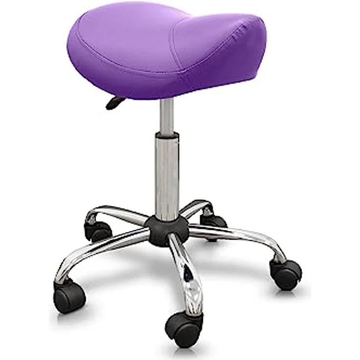 QUIRUMED Pony-Hocker, ergonomisch, mit Stahlgestell, Farbe Lila, Kunstlederpolsterung, höhenverstellbar, gepolsterter Sitz, drehbare Räder, bis 150 kg – Bild 2